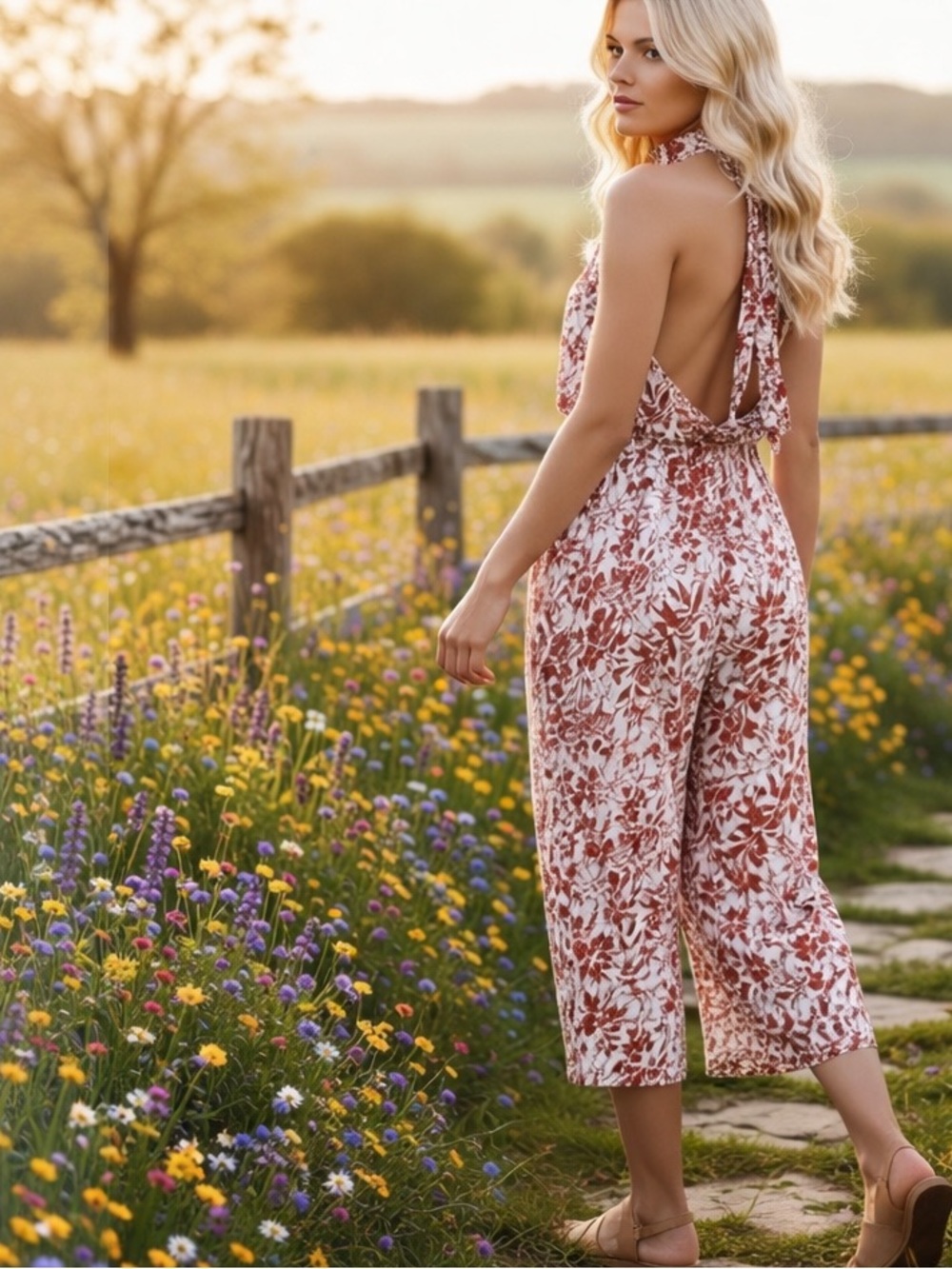 NWT MORRISDAY Orange Floral Burnt Summer Jumpsuit Halter Neck Cropped Wide Leg S